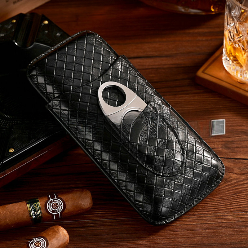 Cigar Cutter Set - 3 Pcs Leather Cigar Case Gift
